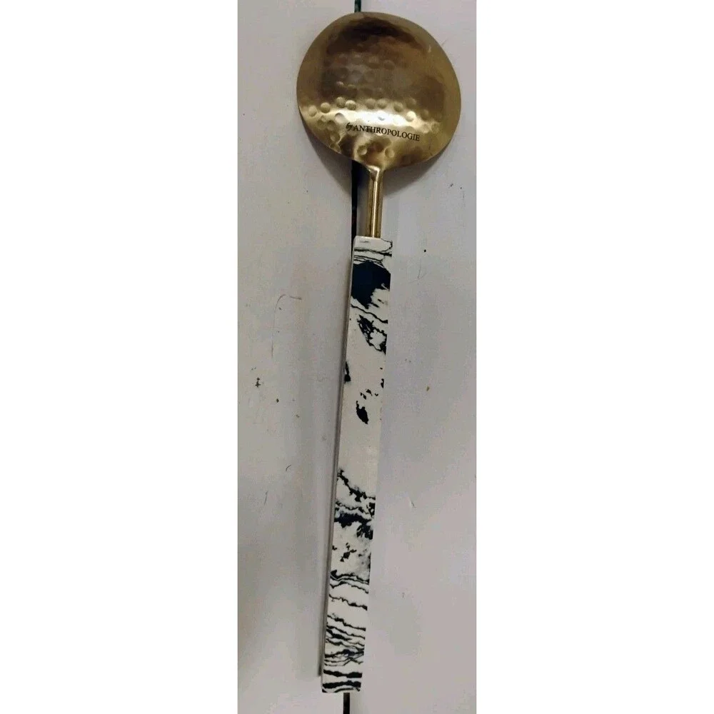 Anthropologie Hammered Brass Serving Spoon Black White Marbled Resin Handle